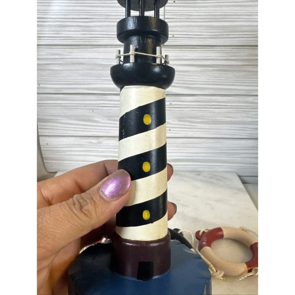 Vintage Sailaway Wood Lighthouse Caddy With 6 Napkins Rings